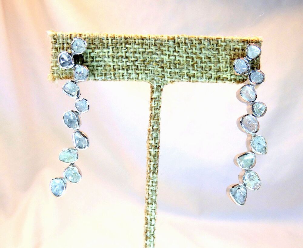 Genuine Polki Cut Diamond Sterling Silver Tennis Earrings 1.35 CT  7.9gr